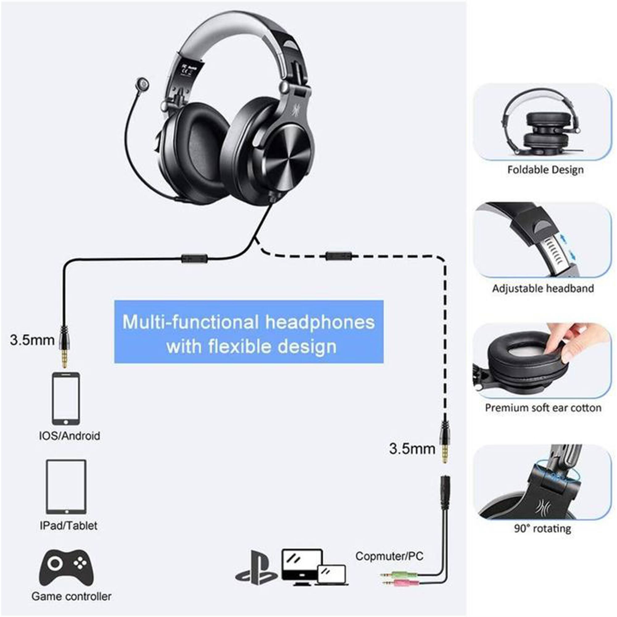 Foldable Design  
Adjustable headband  
3.5mm  
Multi-functional headphones with flexible design  
Premium soft ear cotton  
IOS/Android  
iPad/Tablet  
90° rotating  
Computer/PC  
Game controller
