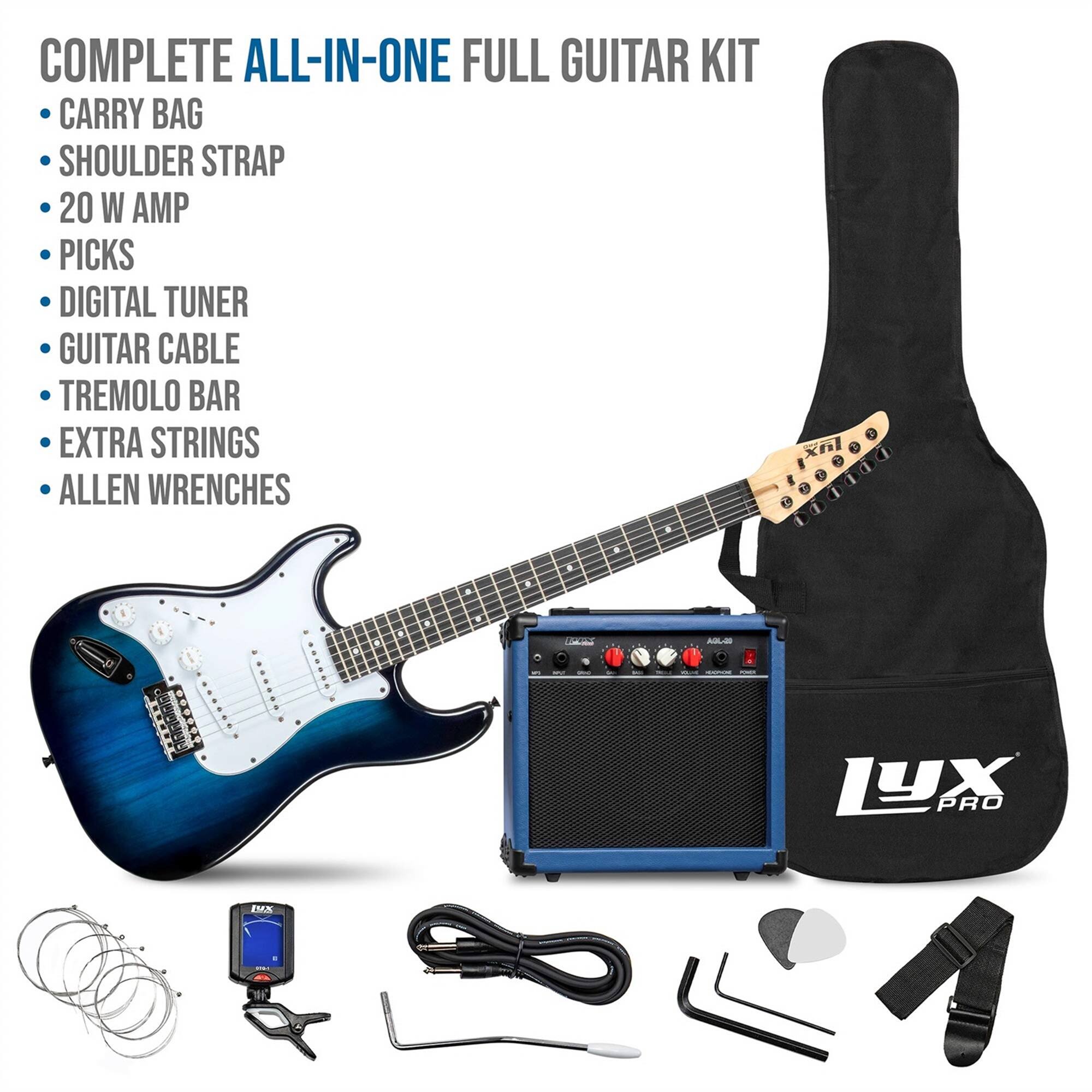 COMPLETE ALL-IN-ONE FULL GUITAR KIT  
- CARRY BAG  
- SHOULDER STRAP  
- 20 W AMP  
- PICKS  
- DIGITAL TUNER  
- GUITAR CABLE  
- TREMOLO BAR  
- EXTRA STRINGS  
- ALLEN WRENCHES  

AARON LYX PRO EMX