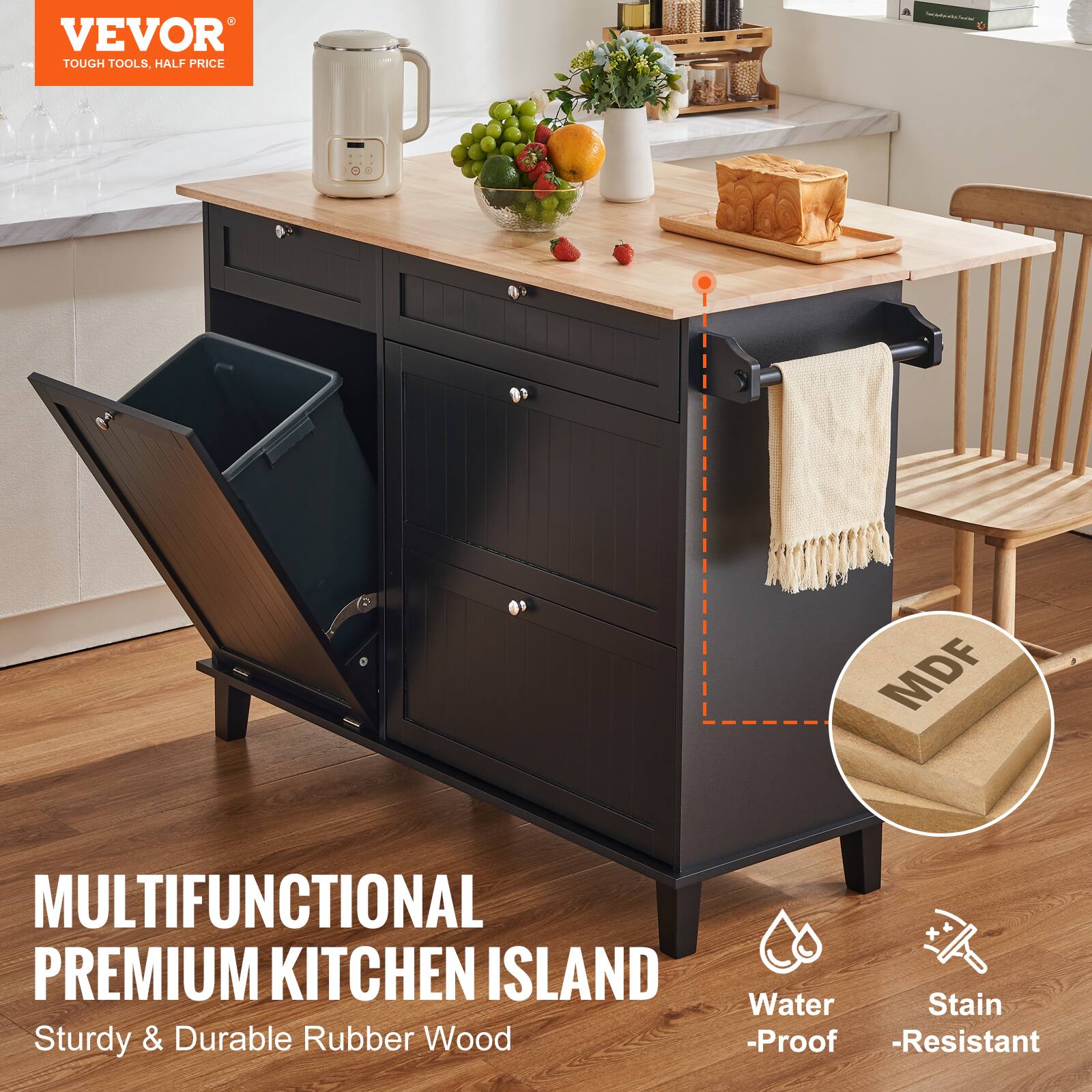 VEVOR TOUGH TOOLS. HALF PRICE : E I : C MDF MULTIFUNCTIONAL PREMIUM KITCHEN ISLAND Sturdy & Durable Rubber Wood Water Stain -Proof -Resistant