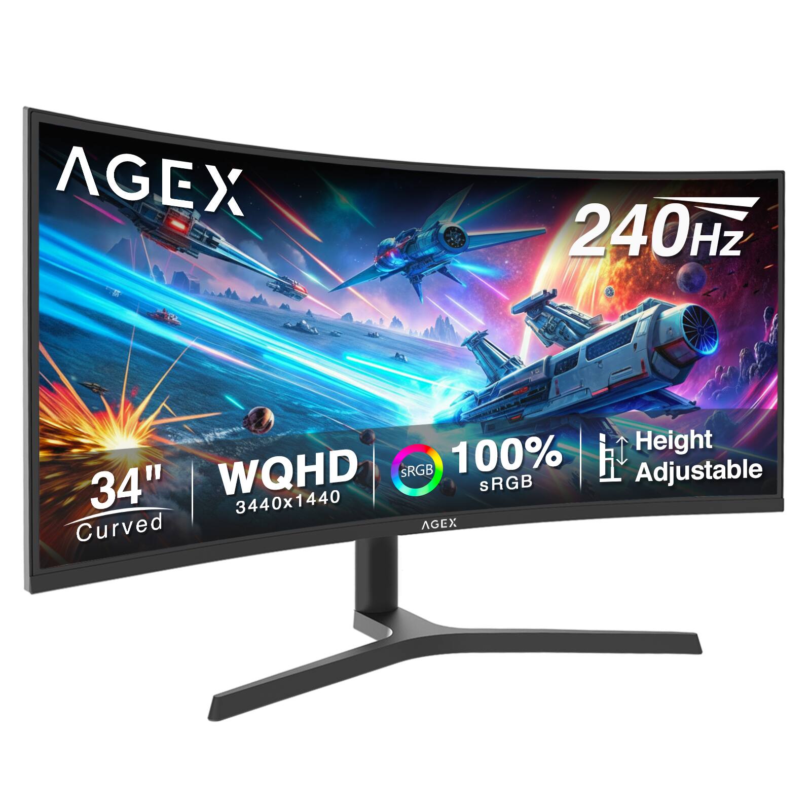 AGEX 240Hz 34" WQHD 3440x1440 Curved 100% sRGB Height Adjustable