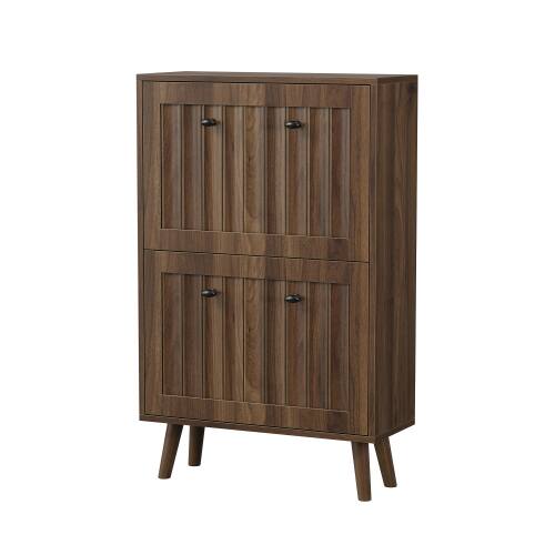 Alt View 3. LUCKY ONE - 23.6in Freestanding Walnut Shoe Cabinet with Vertical Grooved Finish Tilt-Out Drawers for Entryway - Walnut.