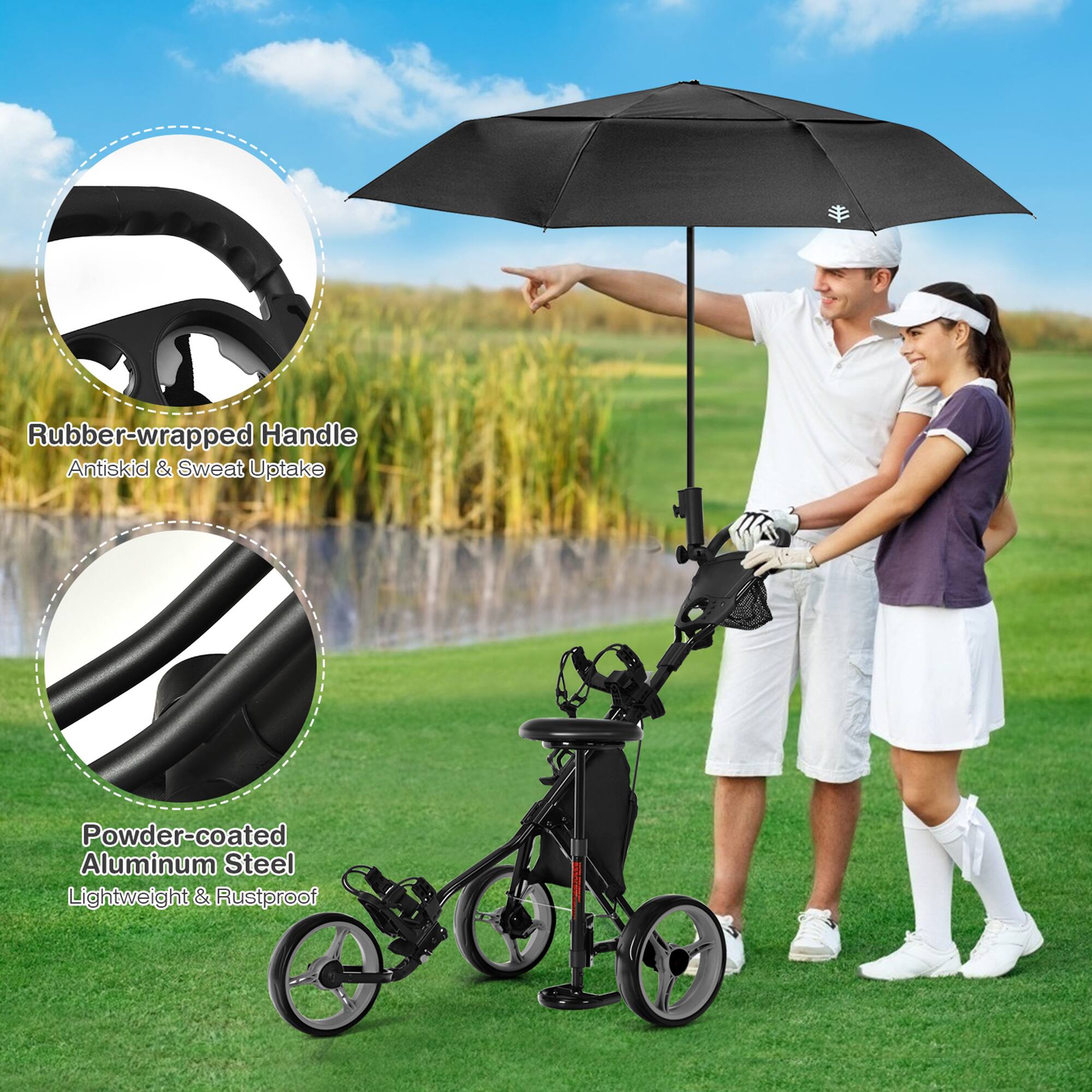 Rubber-wrapped Handle  
Antiskid & Sweat Uptake  

Powder-coated Aluminum Steel  
Lightweight & Rustproof