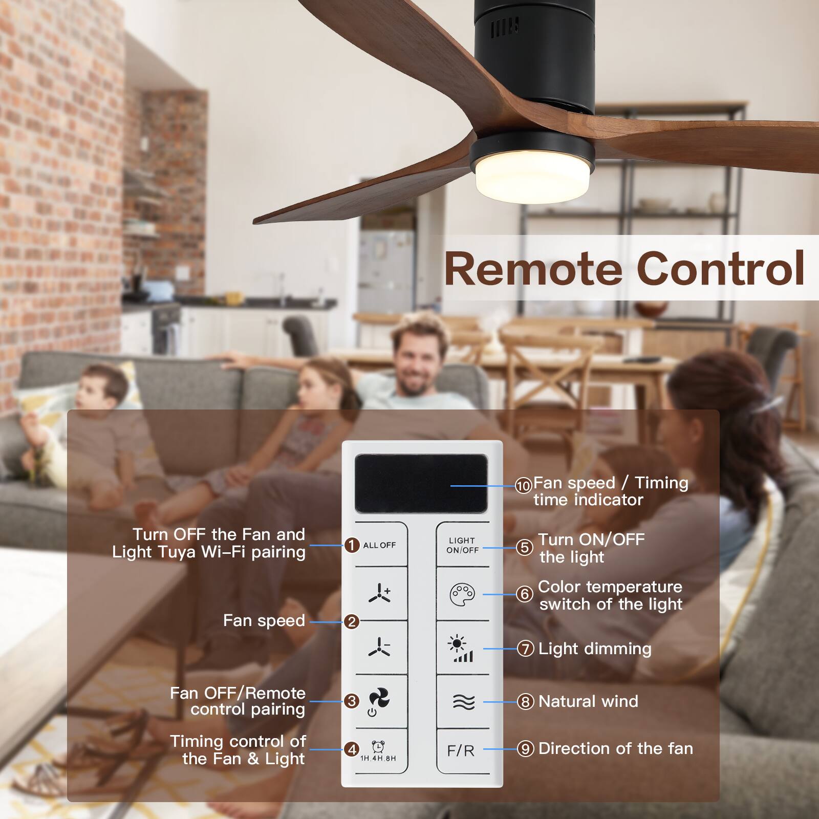 Remote Control

1. Turn OFF the Fan and Light Tuya Wi-Fi pairing
2. Fan speed
3. Fan OFF/Remote control pairing
4. Timing control of the Fan & Light
5. Turn ON/OFF the light
6. Color temperature switch of the light
7. Light dimming
8. Natural wind
9. Direction of the fan
10. Fan speed / Timing time indicator