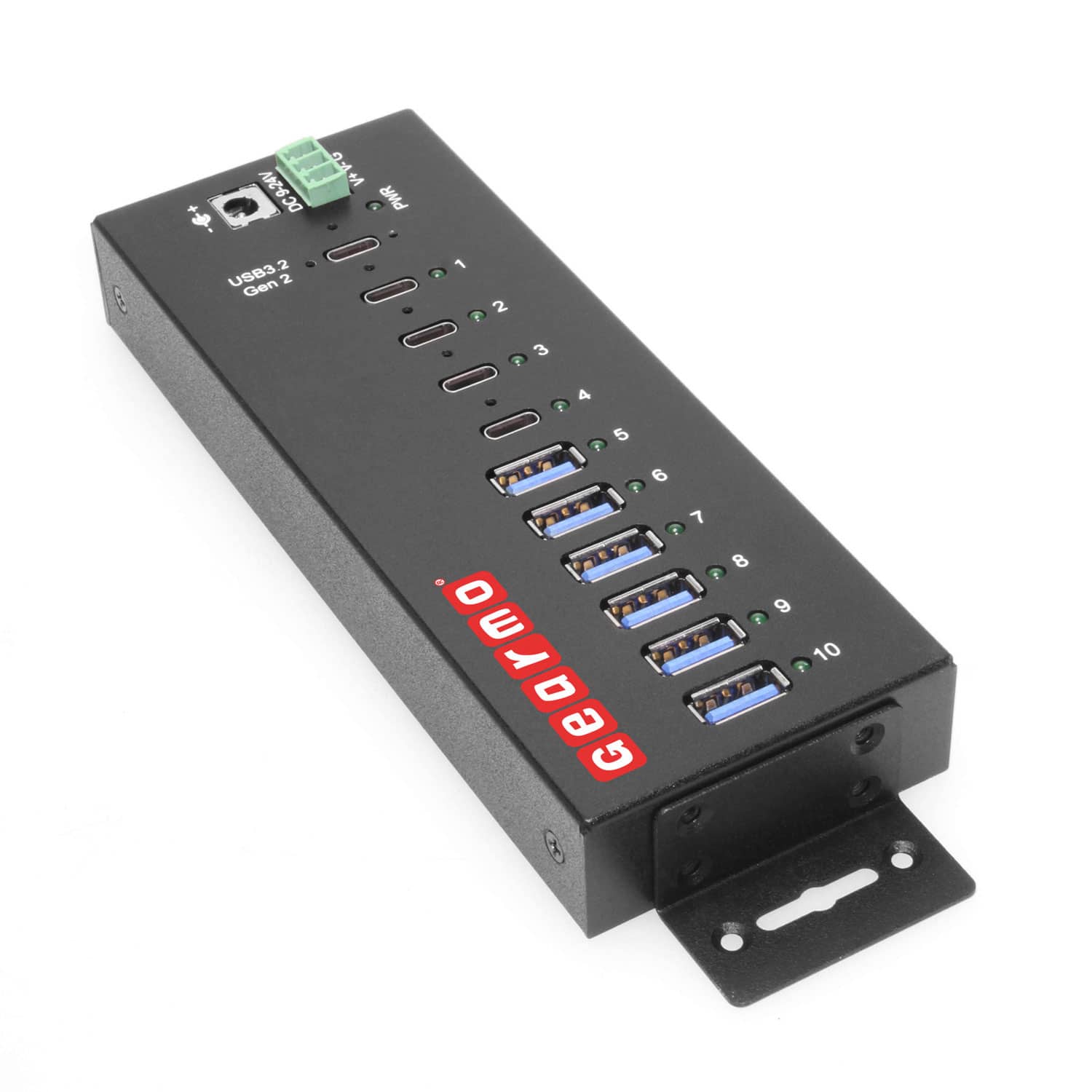 Gearmo - 10-Port Industrial USB Hub - 10Gbps Speed - 4 Type-C & 6 Type-A Ports - Surge Protection - Mountable – Incl Power Supply - Black