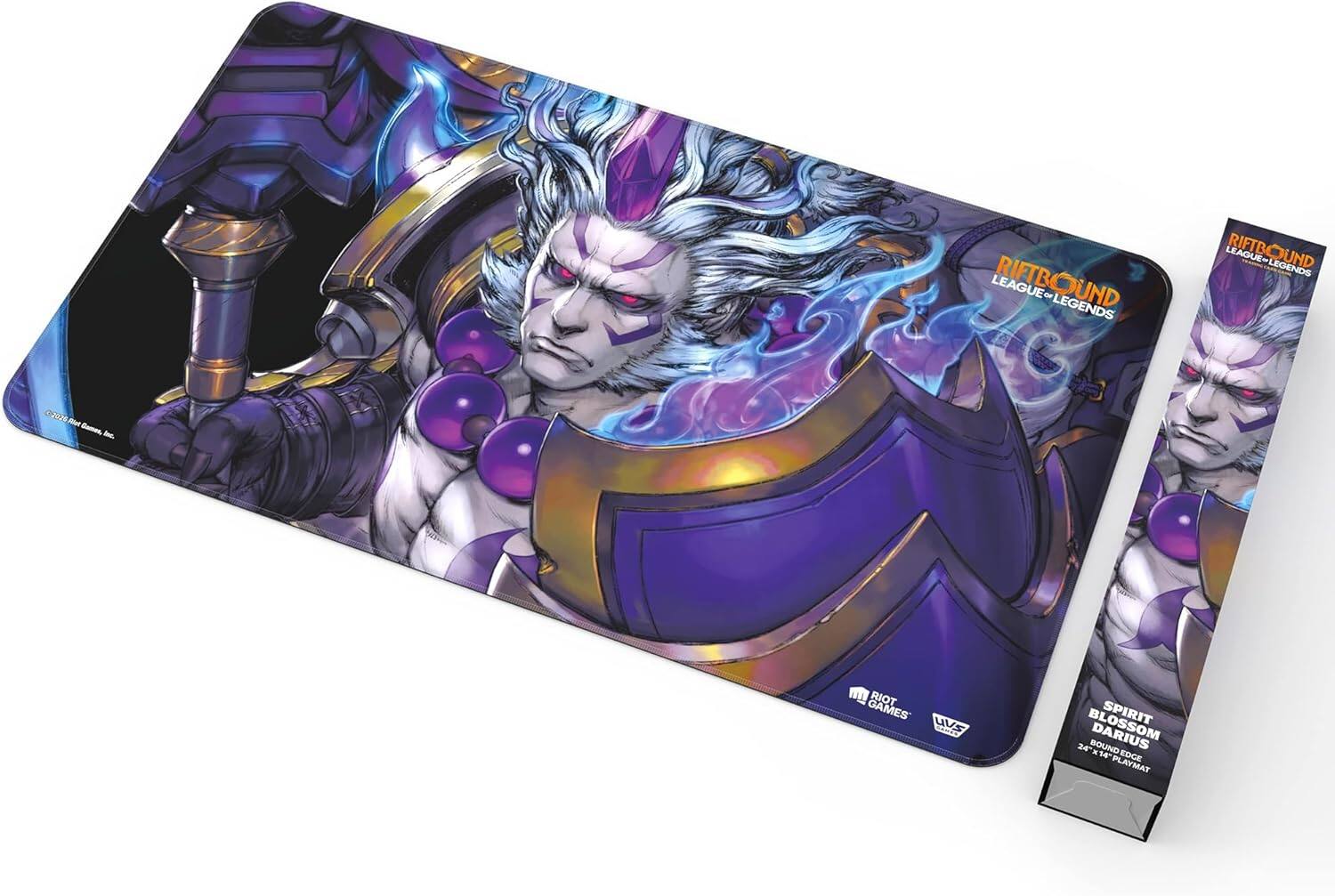 LEAGUE RIFTBOUND LEGENDS  
CO2e -e C i RIOT GAMES UVS  
SPIRIT BLOSSOM DARIUS  
24" BOUND  
EDCE PLAYMAT  

RIFTBOUND  
LEAGUE OF LEGENDS  

SPIRIT BLOSSOM  
DARIUS  
24" BOUND  
PLAYMAT