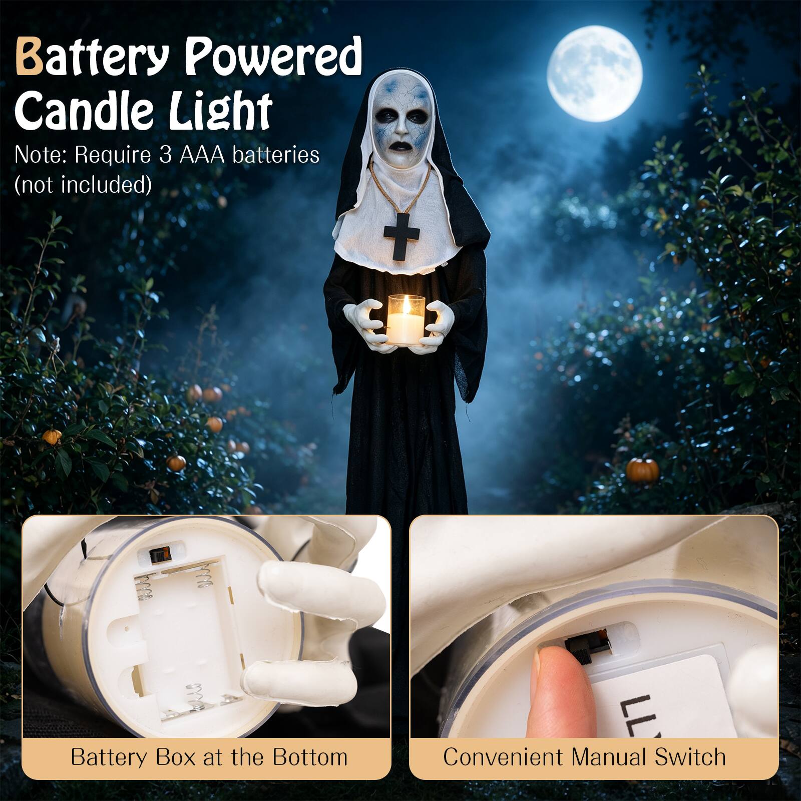 Battery Powered Candle Light  
Note: Require 3 AAA batteries (not included)  
Battery Box at the Bottom  
Convenient Manual Switch