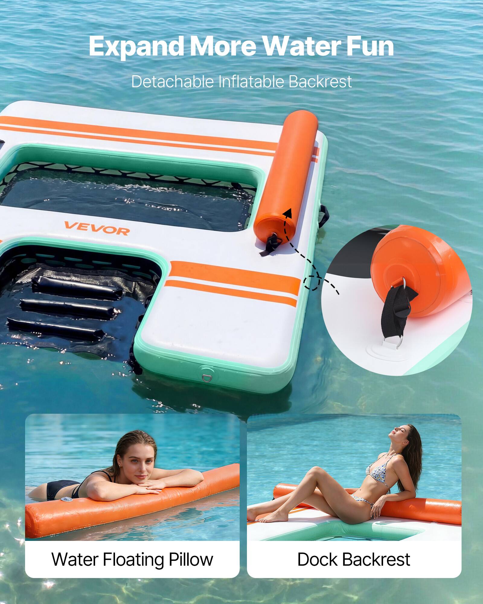 Expand More Water Fun  
Detachable Inflatable Backrest  
VEVOR  
Water Floating Pillow  
Dock Backrest