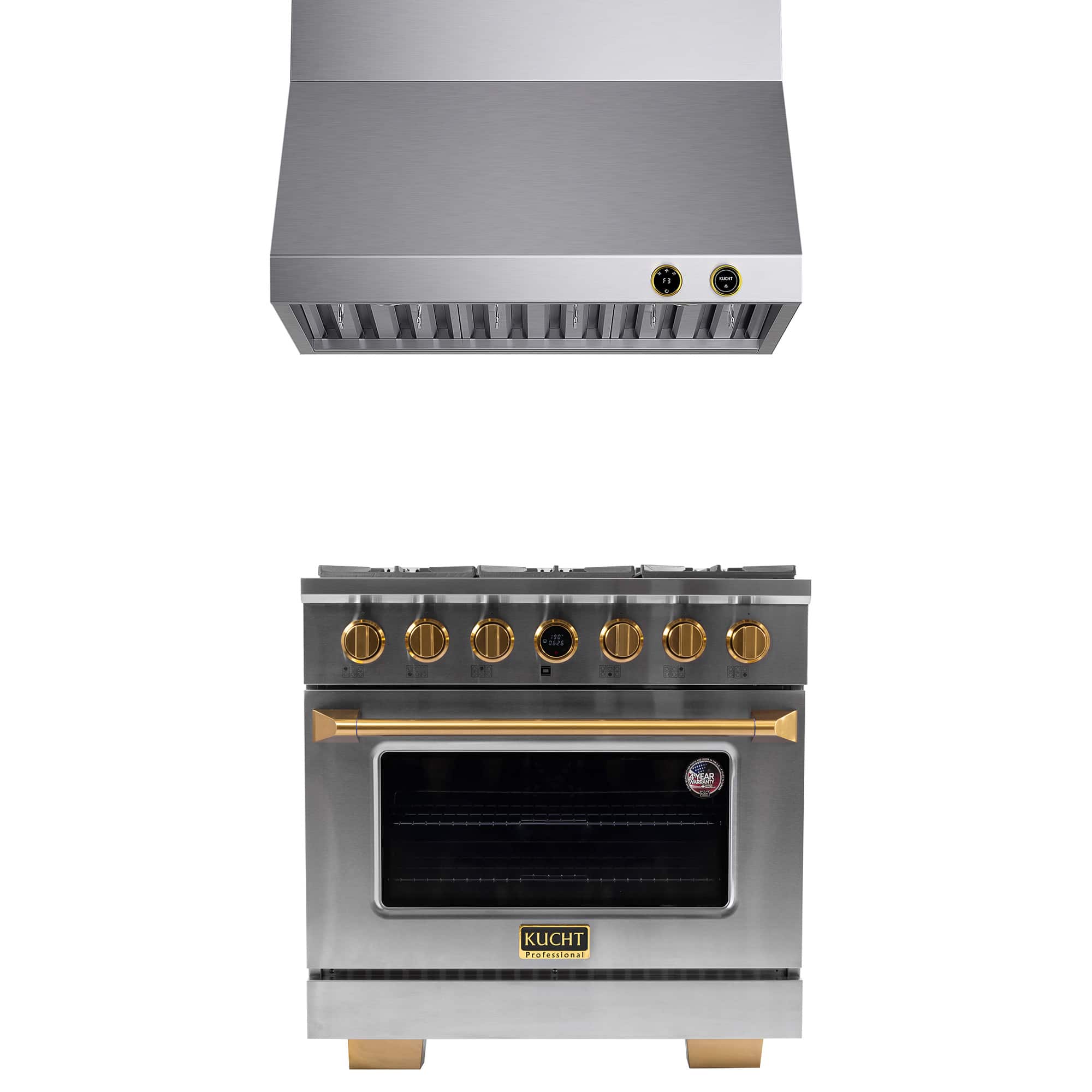 Kucht - 36 in. 5.2 cu. ft. 6 Burners Dual Fuel Range for Natural Gas in Stainless Steel and Gold + Wall Mount Range Hood - Stainless Steel with Gold Accents