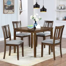 Loheer - 5 Piece Dining Table Set for 4, Square Wood Table with Upholstered Chairs - Walnut