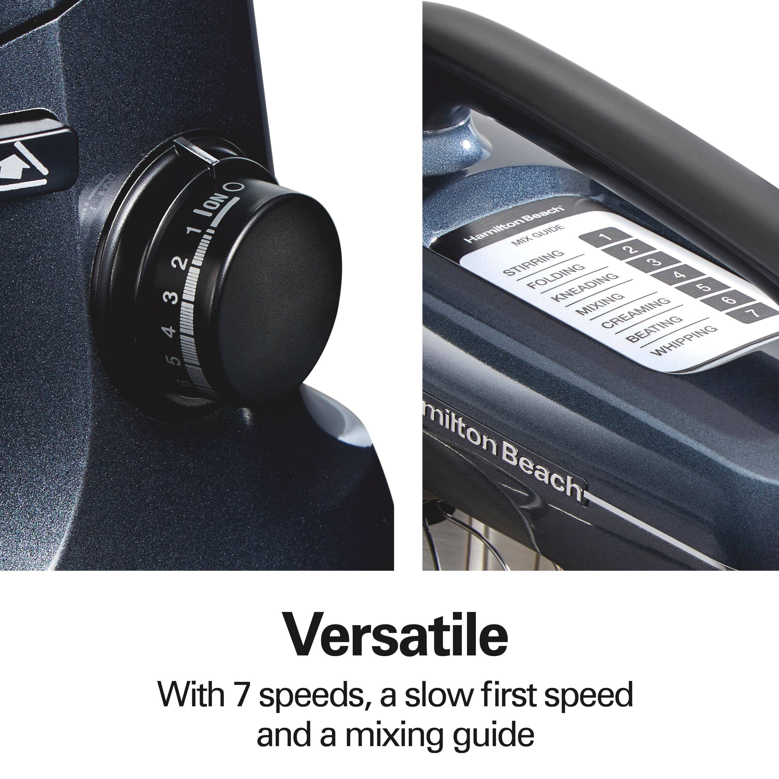 Hamilton Beach Versatile

With 7 speeds, a slow first speed and a mixing guide

Mix Guide:
1. Stirring
2. Folding
3. Kneading
4. Mixing
5. Creaming
6. Beating
7. Whipping