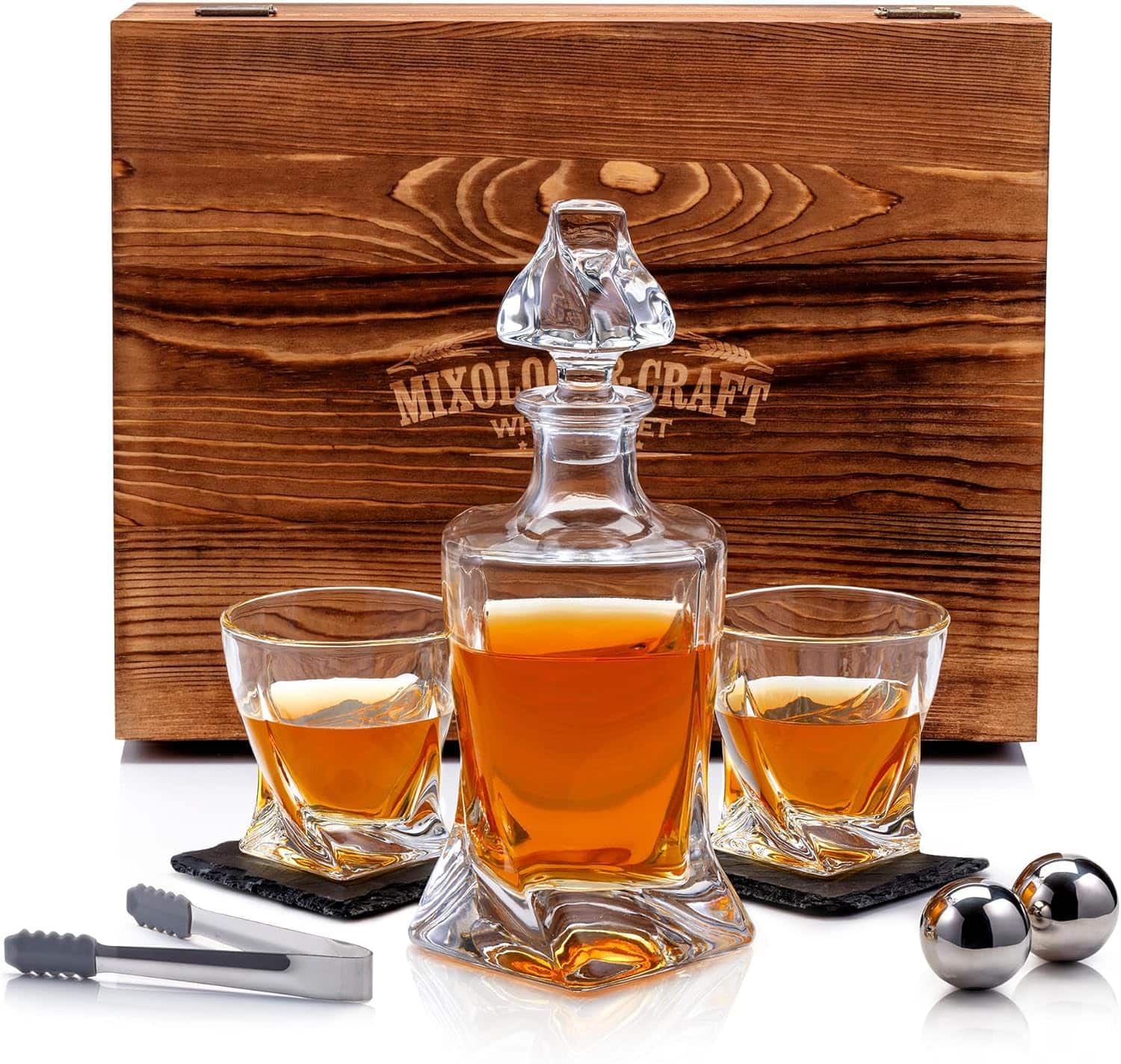 Zulay Kitchen - Premium Whiskey Decanter Set with 2 Crystal Whiskey Glasses & Stainless Steel Balls Chilling Stones - Clear