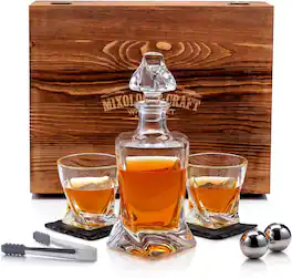 Zulay Kitchen - Premium Whiskey Decanter Set with 2 Crystal Whiskey Glasses & Stainless Steel Balls Chilling Stones - Clear
