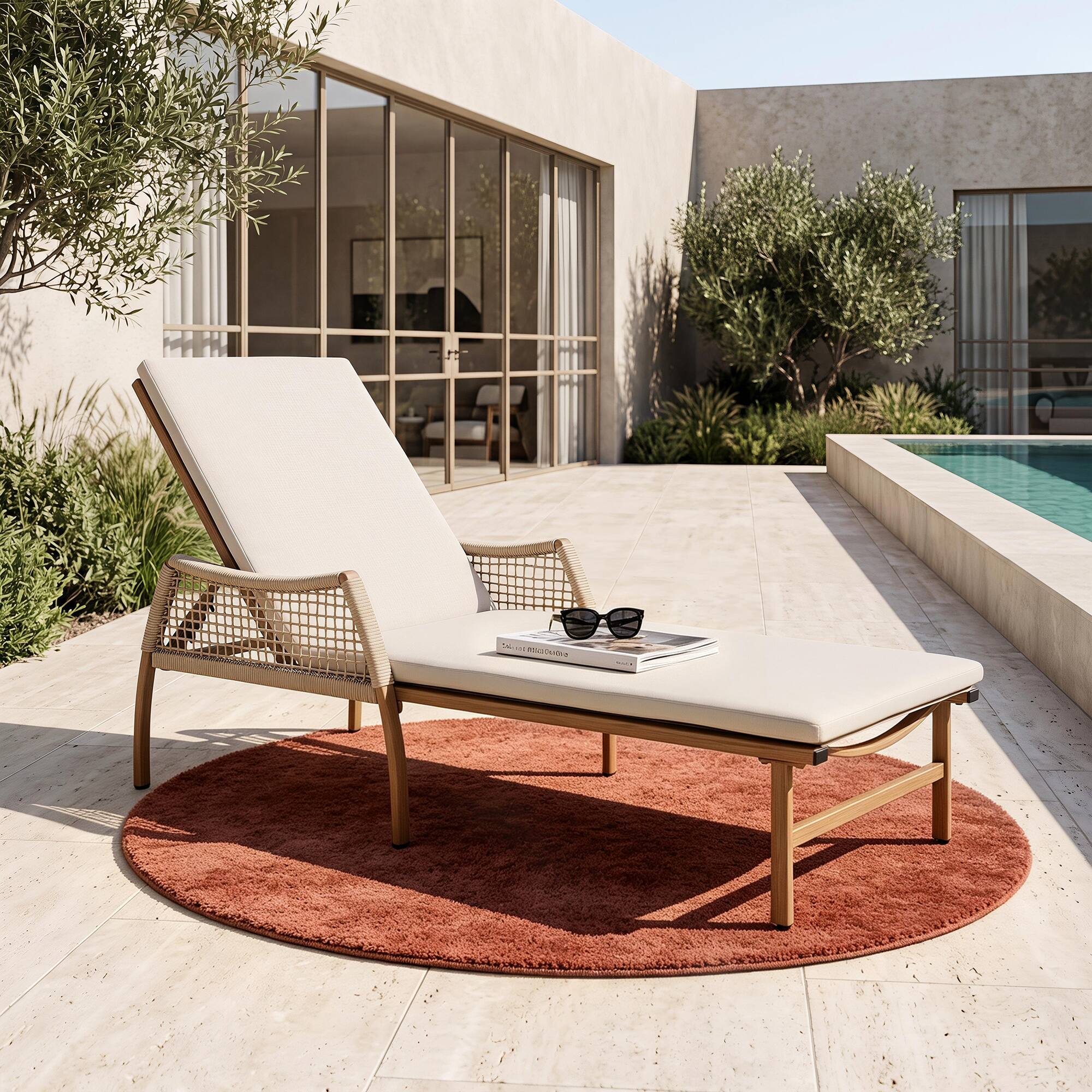 Left. Nuu Garden - Outdoor Aluminum and Rattan Chaise Lounge with 6 Adjustable Backrest - Brown and Beige.