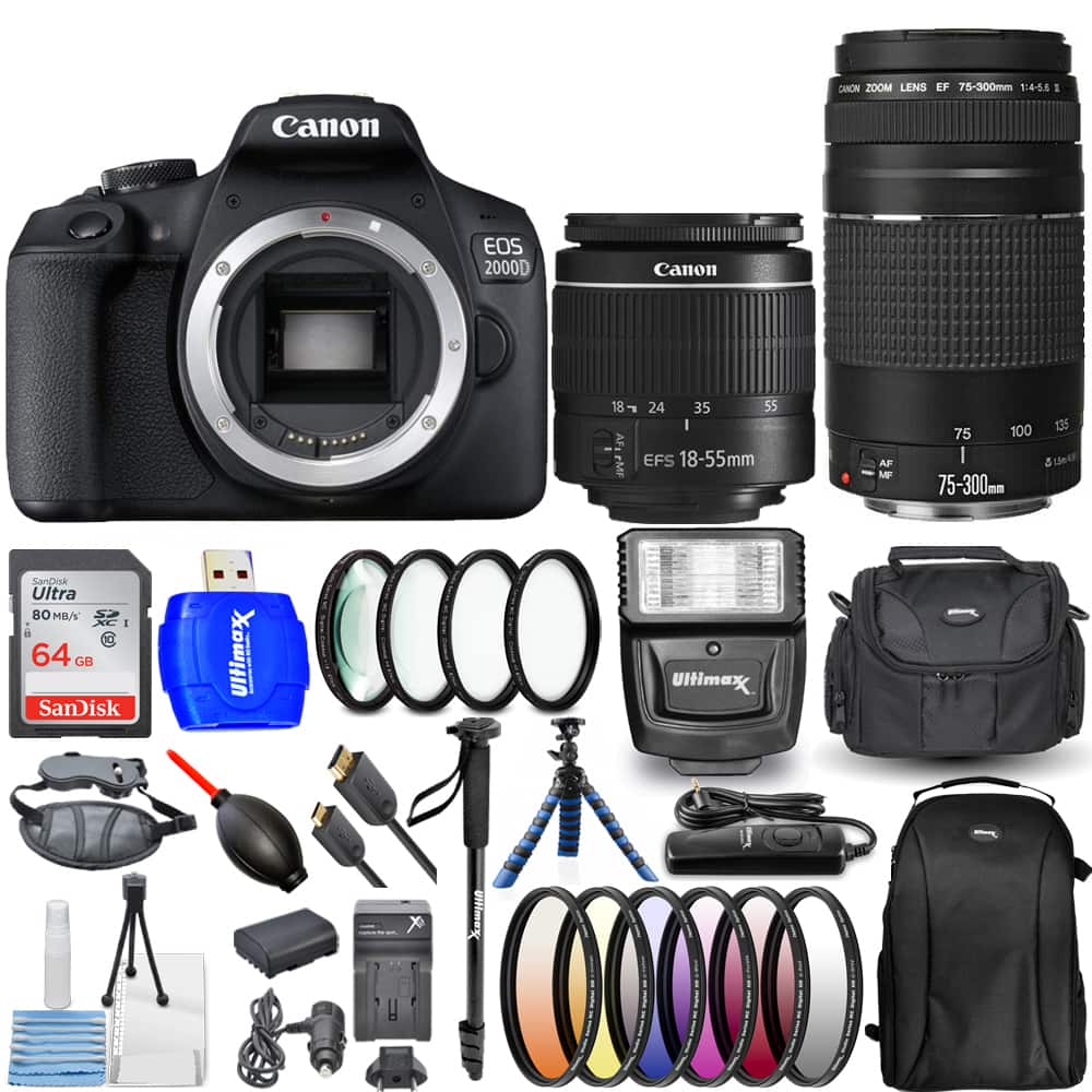 Canon - EOS 2000D / Rebel T7 4 Lenses 18-55mm + 75-300mm + 64GB Top Value Bundle