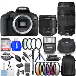 Canon - EOS 2000D / Rebel T7 4 Lenses 18-55mm + 75-300mm + 64GB Top Value Bundle