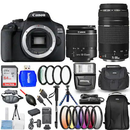 Canon EOS 2000D
Canon Zoom Lens EF 75-300mm 1:4-5.6 II
Canon EF-S 18-55mm AF
SanDisk Ultra 64 GB 80 MB/s
Uliimax Flash
Uliimax Tripod
Uliimax Camera Bag
Uliimax Lens Hood
Uliimax Camera Strap
Uliimax Camera Cleaning Kit
Uliimax Memory Card Reader
Uliimax Camera Lens Filters