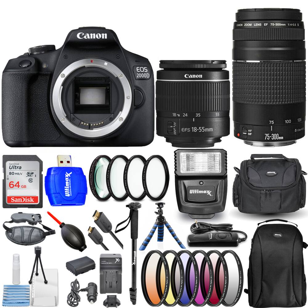 Canon EOS 2000D

Canon Zoom Lens EF 75-300mm 1:4-5.6 II

Canon EF-S 18-55mm AF

SanDisk Ultra 64 GB 80 MB/s

Uliimax Flash

Uliimax Tripod

Uliimax Camera Bag

Uliimax Lens Hood

Uliimax Camera Strap

Uliimax Camera Cleaning Kit

Uliimax Memory Card Reader

Uliimax Camera Lens Filters