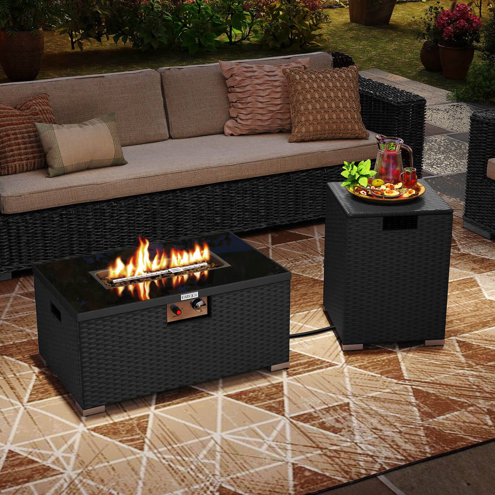 Alt View 1. Costway - Costway 2 PCS Outdoor Rattan Fire Table Set with Tank Cover Tempered Glass Tabletop - Black.