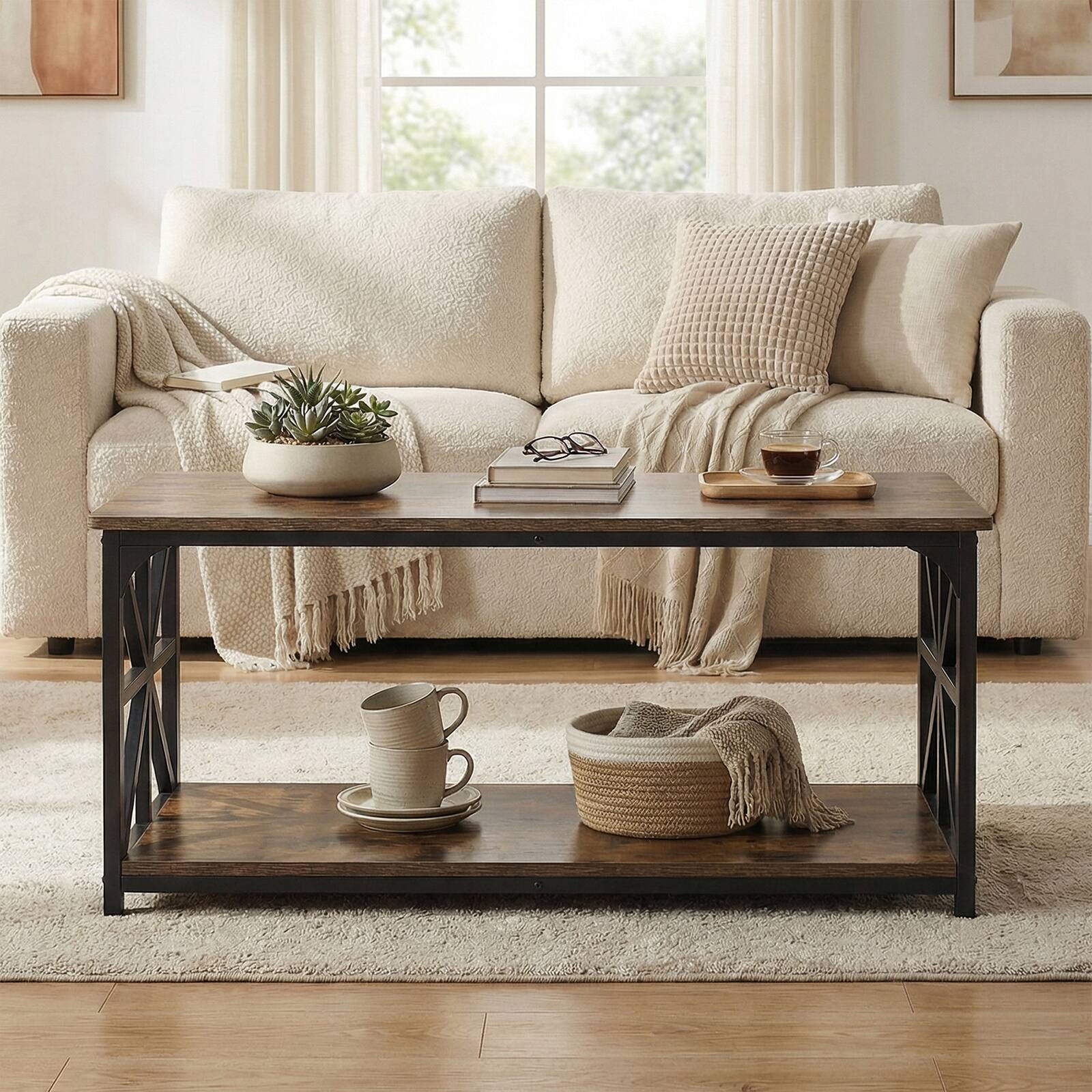Alt View 3. Costway - Costway 2-Tier Coffee Table, Industrial Accent Table with Dual Star-shaped Metal Frames - Rustic Brown & Black.