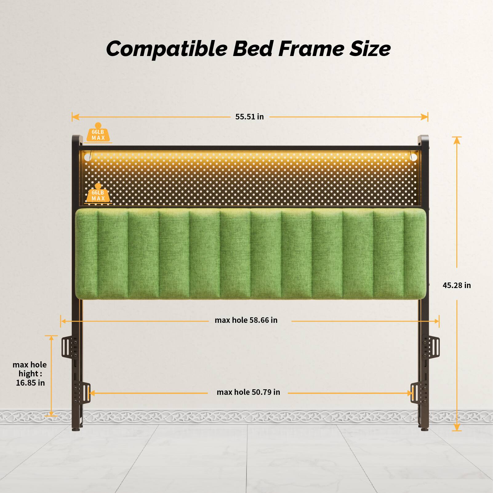 Compatible Bed Frame Size

- Width: 55.51 in
- Height: 45.28 in
- Max hole width: 58.66 in
- Max hole height: 16.85 in
- Max hole width: 50.79 in