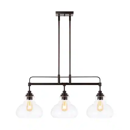 Front. Jonathan Y - Marlowe 32.5" 3-Light Farmhouse Industrial Iron/Glass Linear LED Pendant, Oil Rubbed Bronze/Clear - Oil Rubbed Bronze/Clear.