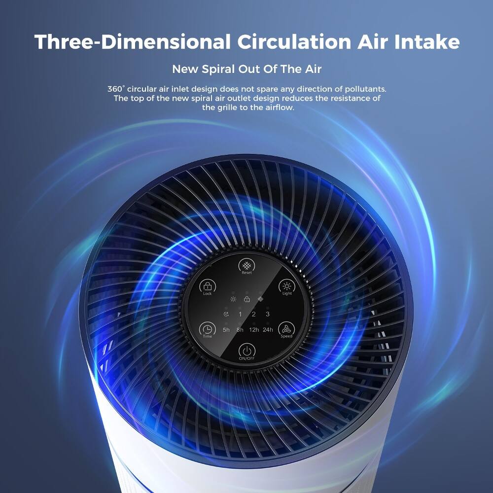 Three-Dimensional Circulation Air Intake  
New Spiral Out Of The Air  

360° circular air inlet design does not spare any direction of pollutants.  
The top of the new spiral air outlet design reduces the resistance of the grille to the airflow.  

Poret LOCK  
Light d 1 2 3  
5h 8h 12h 24h  
Speed ON/OFF