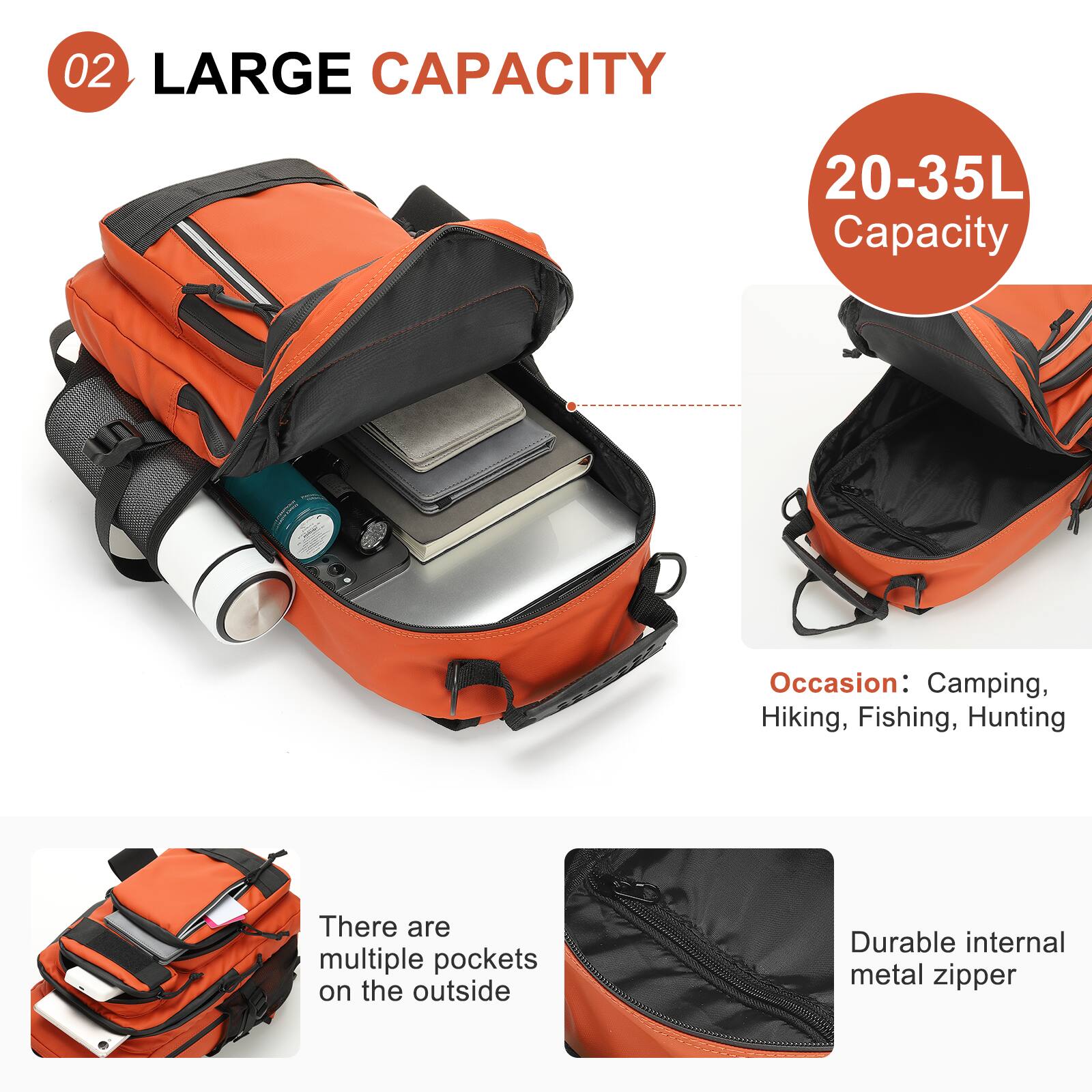 02 LARGE CAPACITY

20-35L Capacity

Occasion: Camping, Hiking, Fishing, Hunting

There are multiple pockets on the outside

Durable internal metal zipper