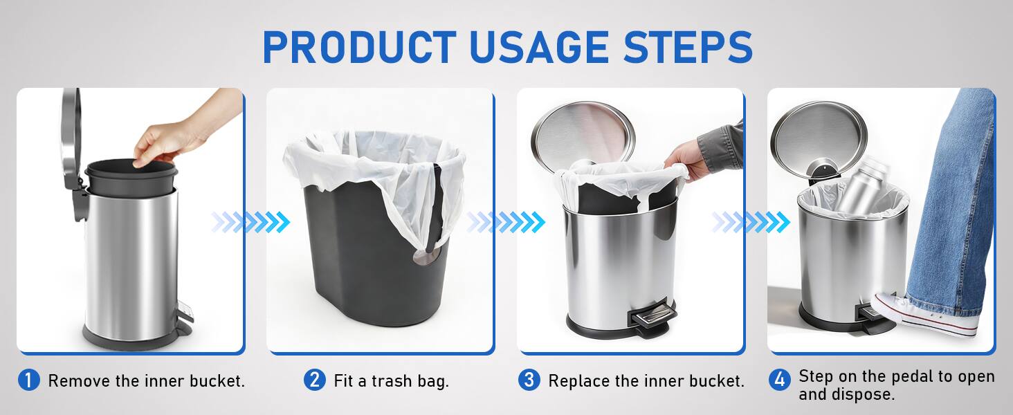 PRODUCT USAGE STEPS

1. Remove the inner bucket.
2. Fit a trash bag.
3. Replace the inner bucket.
4. Step on the pedal to open and dispose.