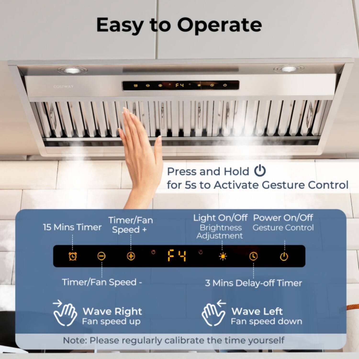 Easy to Operate

Press and Hold for 5s to Activate Gesture Control

- 15 Mins Timer
- Timer/Fan Speed +
- Light On/Off
- Power On/Off
- Brightness Adjustment
- Gesture Control
- Timer/Fan Speed -
- 3 Mins Delay-off Timer

Wave Right: Fan speed up  
Wave Left: Fan speed down

Note: Please regularly calibrate the time yourself