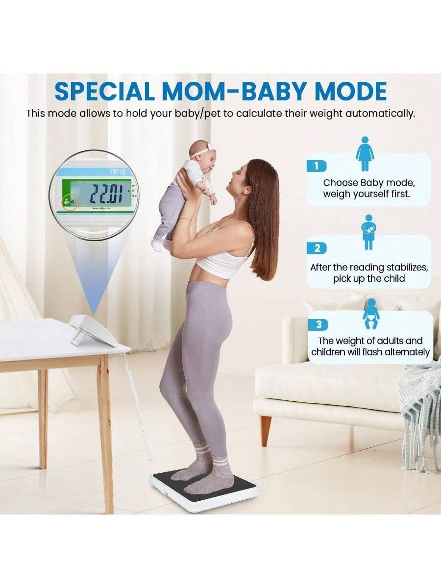 **SPECIAL MOM–BABY MODE**

This mode allows you to hold your baby/pet to calculate their weight automatically.

1. Choose Baby mode, weigh yourself first.
2. After the reading stabilizes, pick up the child.
3. The weight of adults and children will flash alternately.