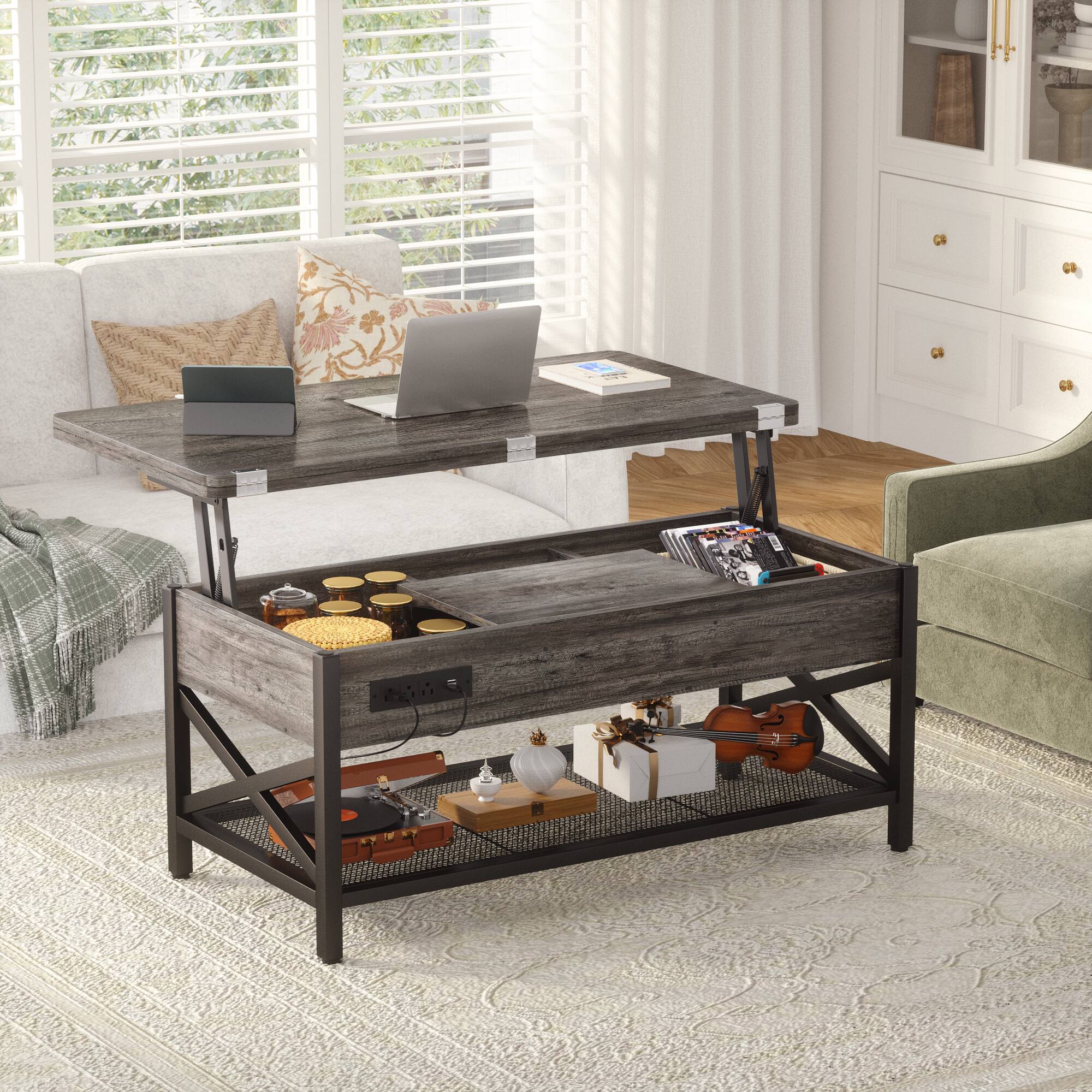 Left. Aheaplus - Convertible Lift Top Coffee Table: LED Lights & Power Outlet, Multi-Function Center Table for Living Room - Gray Oak.
