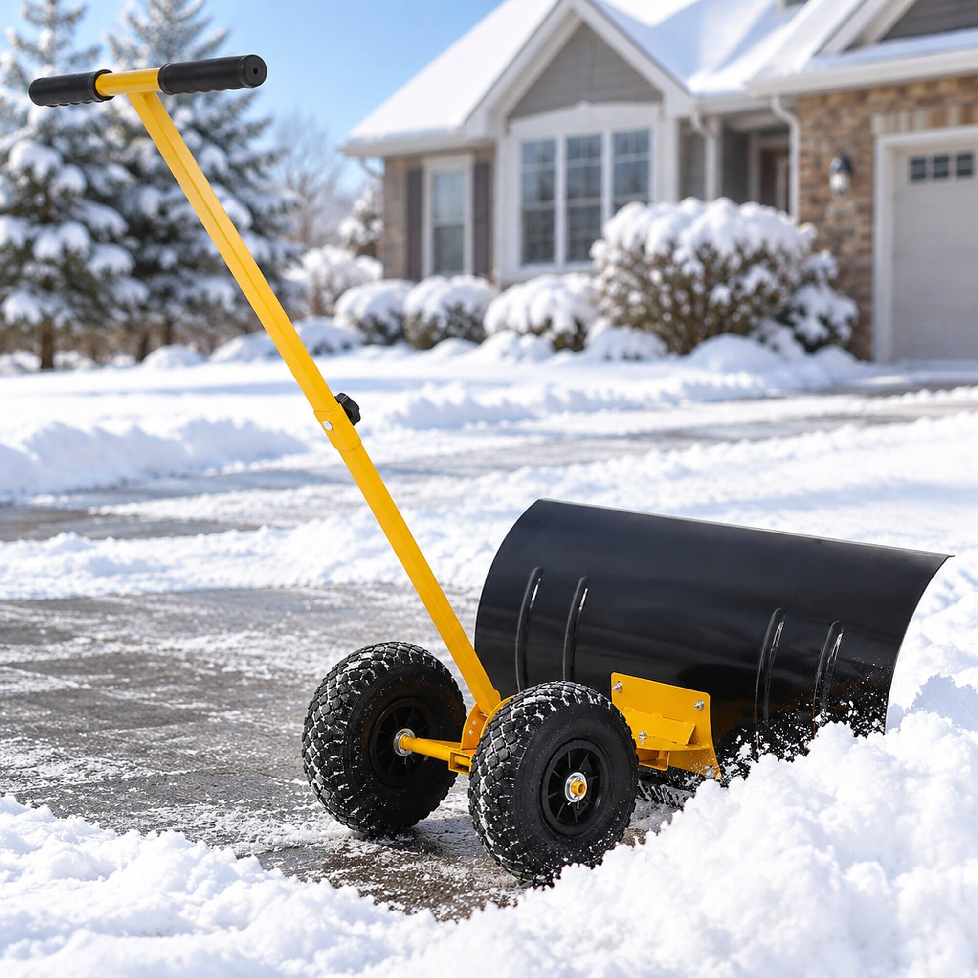 Back. RYHNUYNE - Snow Shovel with Wheels, 29 in Blade, 10 in Rubber Wheels, Adjustable Handle, Yellow - Yellow.