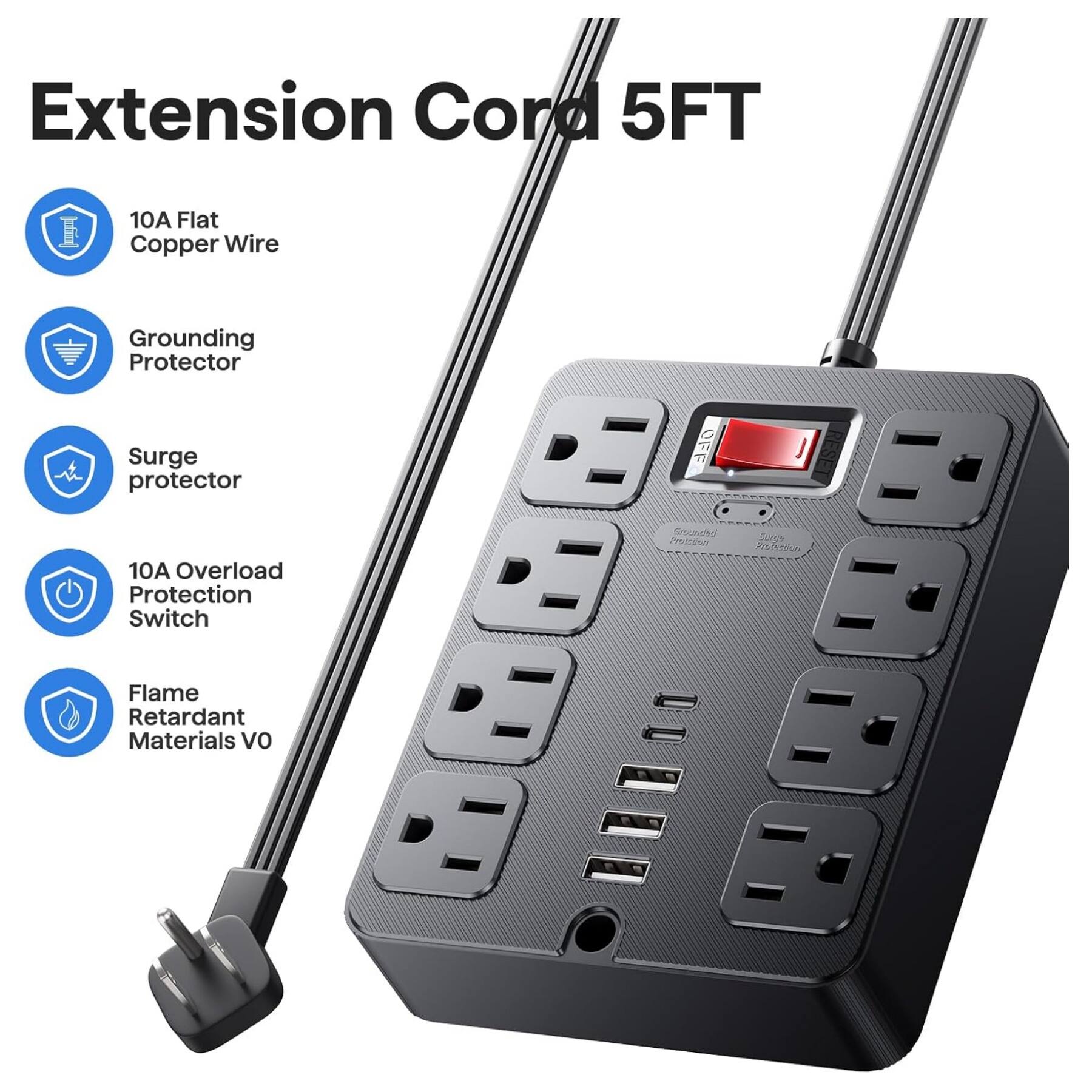 Extension Cord 5FT 10A Flat Copper Wire Grounding Protector Surge Protector 10A Overload Protection Switch Flame Retardant Materials VO