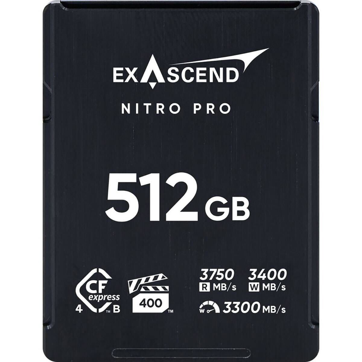 EXASCEND NITRO PRO  
512 GB  
CF express 4™  
400™  
3750 R MB/s  
3400 W MB/s  
3300 MB/s
