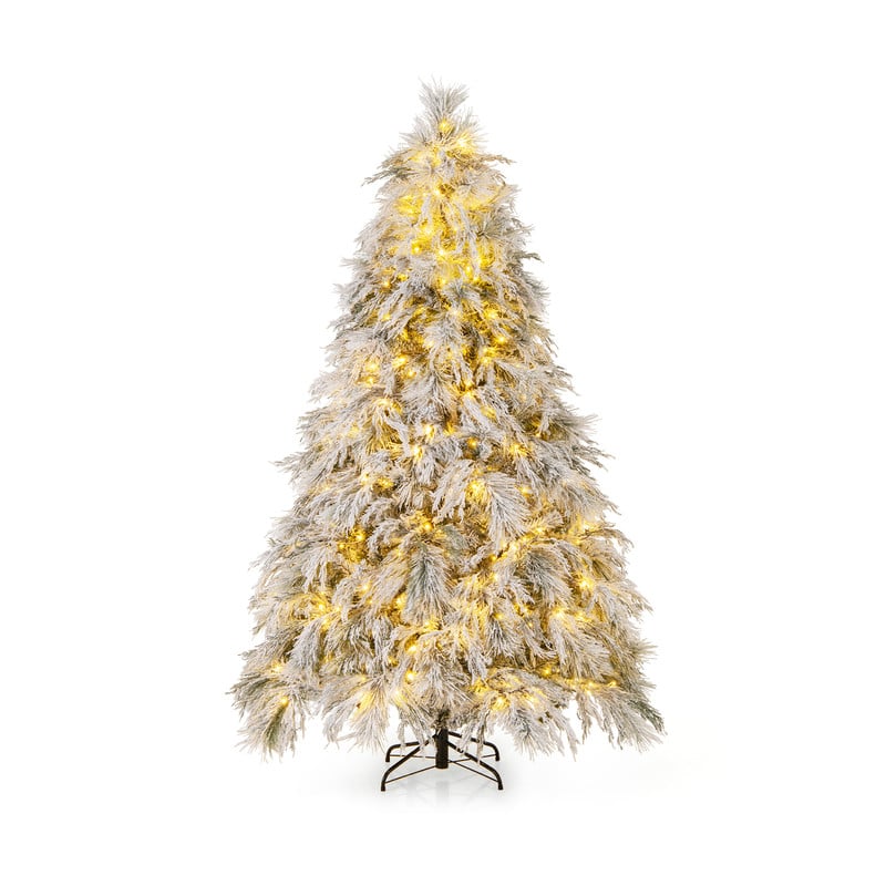 WELLFOR - 7 ft Prelit Snow‑Flocked Hinged Artificial Christmas Tree with Warm‑White Lights,743 Full PE‑PVC Pine‑Willow Branch Tips - White & Green