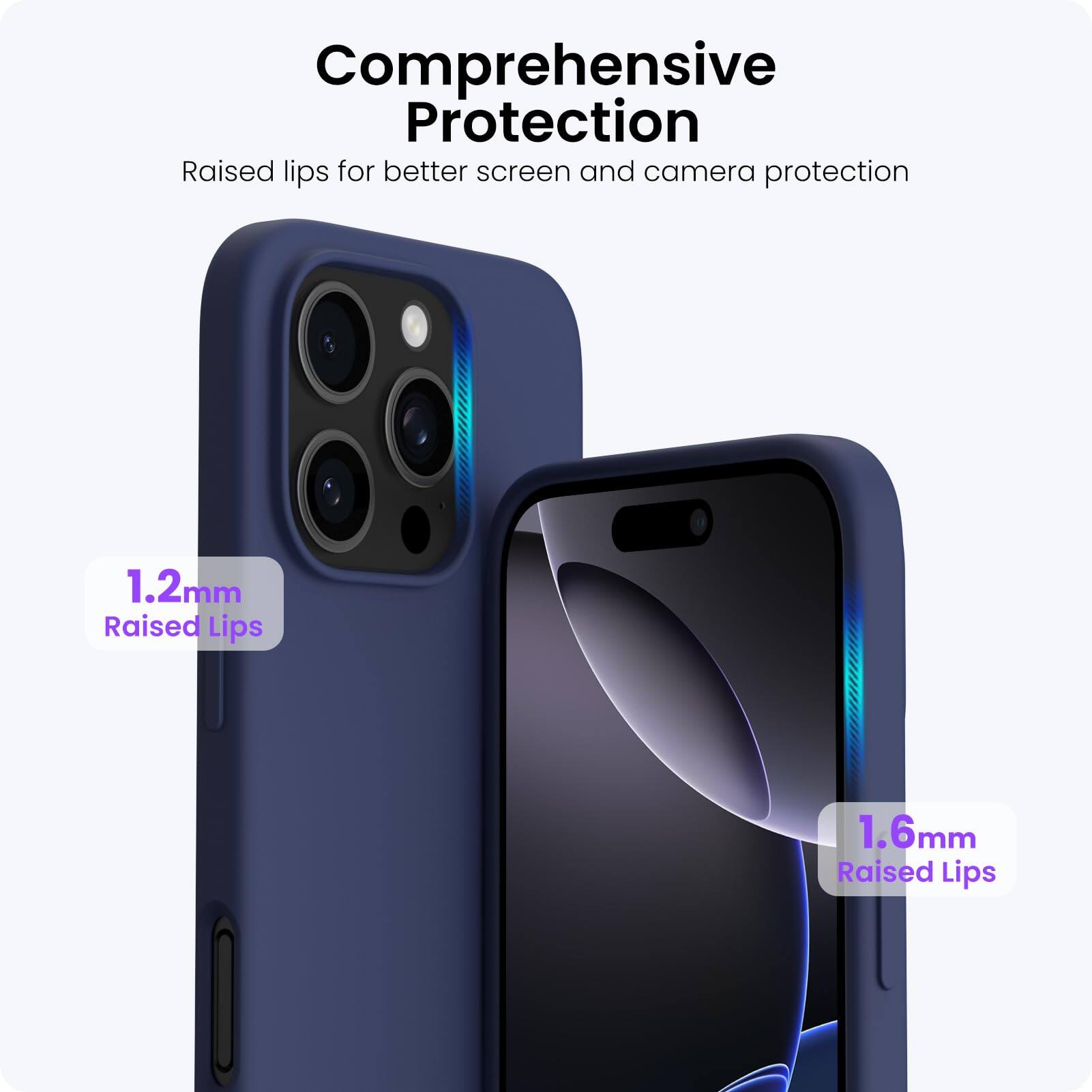 Comprehensive Protection  
Raised lips for better screen and camera protection  
1.2mm Raised Lips  
1.6mm Raised Lips