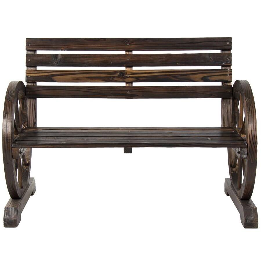 Back. Hivvago - 2 Person Farmhouse Wagon Wheel Wooden Bench - Brown.