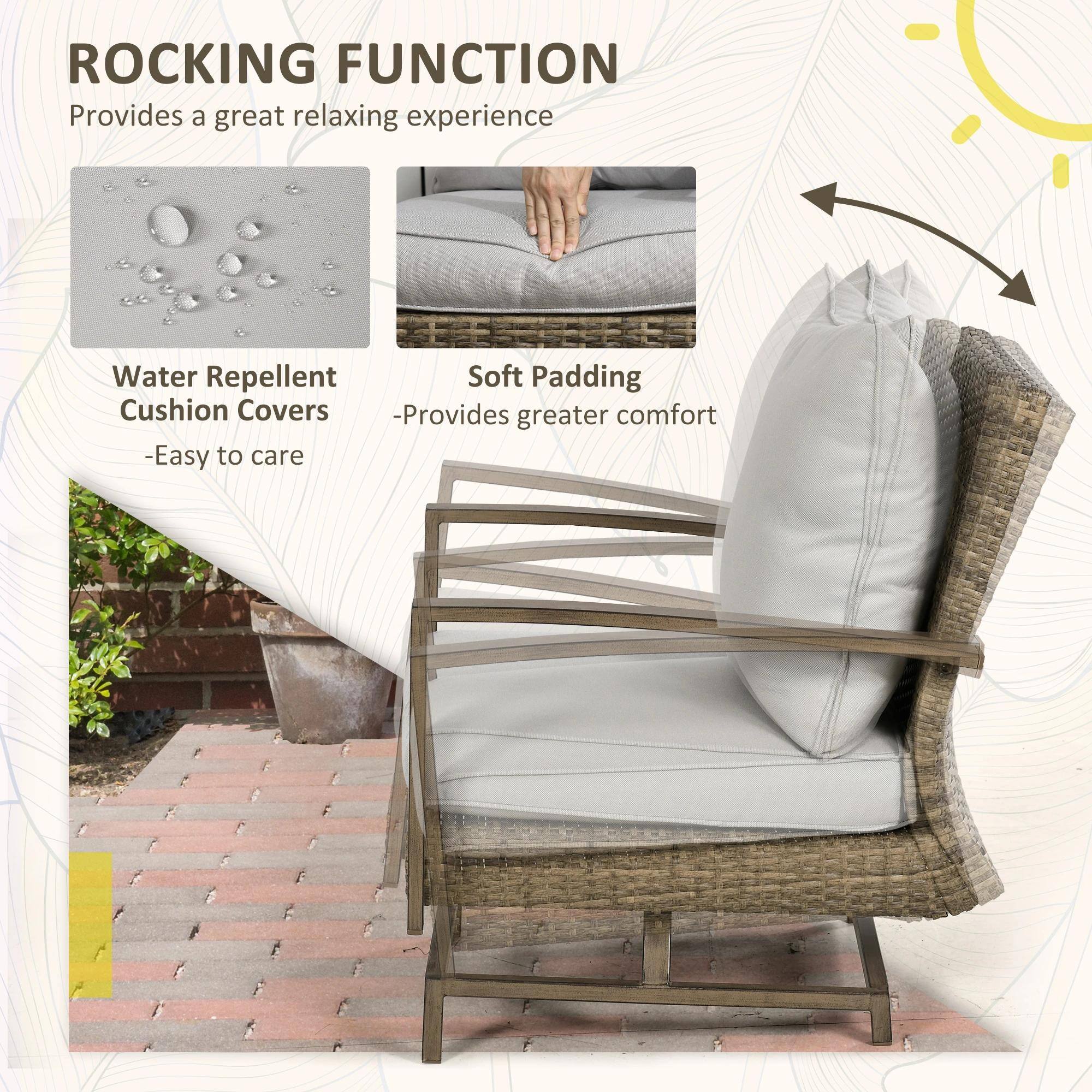 ROCKING FUNCTION
Provides a great relaxing experience
Water Repellent Cushion Covers - Easy to care
Soft Padding - Provides greater comfort