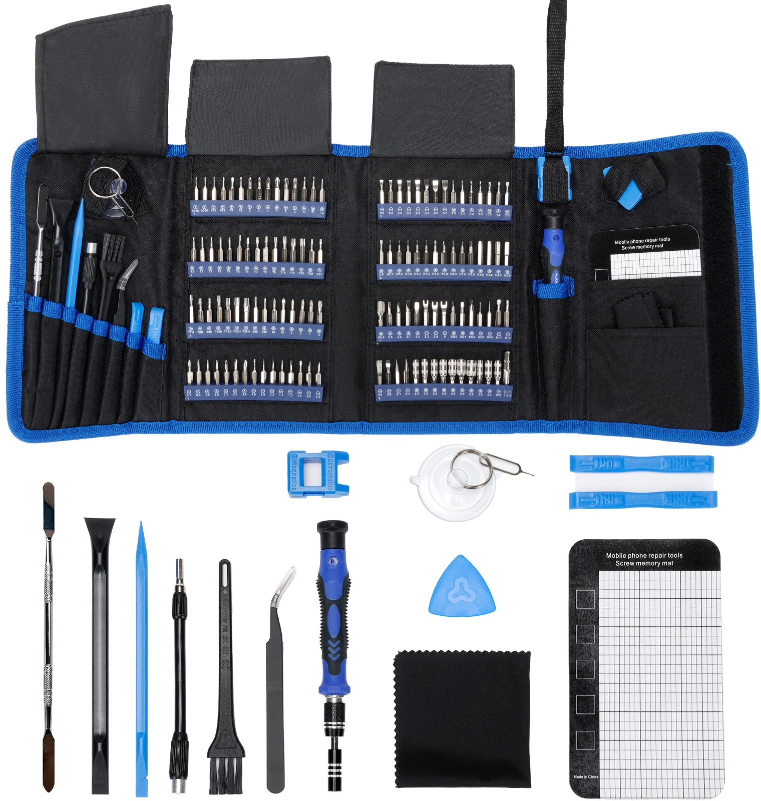 The image features a tool kit with various tools, including a pair of scissors, a pen, and a ruler. The tools are organized in a black case, which is open to reveal the contents. The tools are arranged in a way that makes it easy to access and use them for different purposes. The kit is designed for mobile phone repair, and it contains essential tools for fixing and maintaining mobile devices.