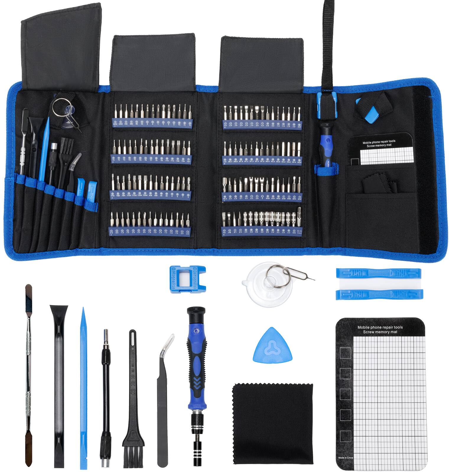 The image features a tool kit with various tools, including a pair of scissors, a pen, and a ruler. The tools are organized in a black case, which is open to reveal the contents. The tools are arranged in a way that makes it easy to access and use them for different purposes. The kit is designed for mobile phone repair, and it contains essential tools for fixing and maintaining mobile devices.
