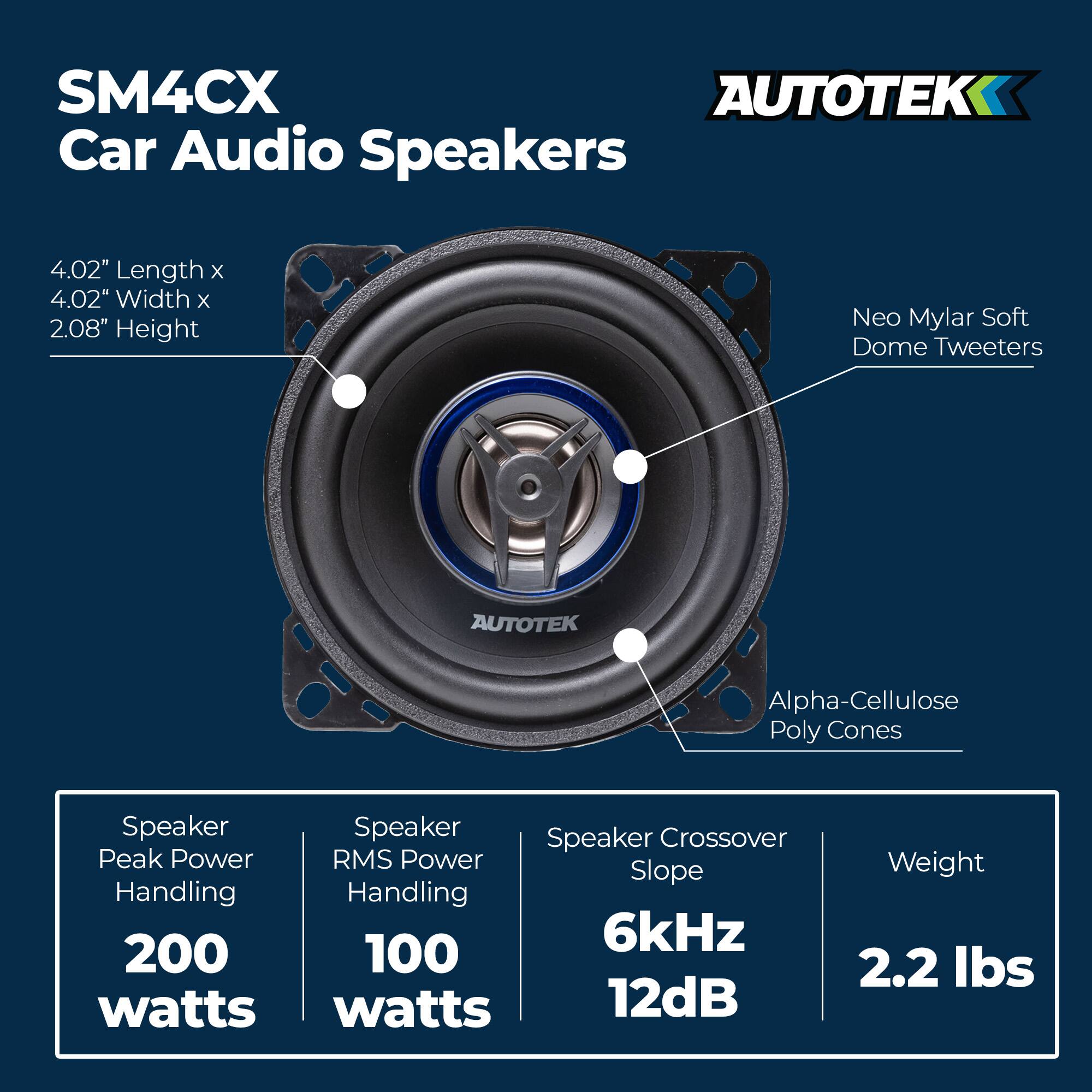 SM4CX Car Audio Speakers

- 4.02" Length x 4.02" Width x 2.08" Height
- Neo Mylar Soft Dome Tweeters
- Alpha-Cellulose Poly Cones

- Speaker Peak Power Handling: 200 watts
- Speaker RMS Power Handling: 100 watts
- Speaker Crossover Slope: 6kHz 12dB
- Weight: 2.2 lbs