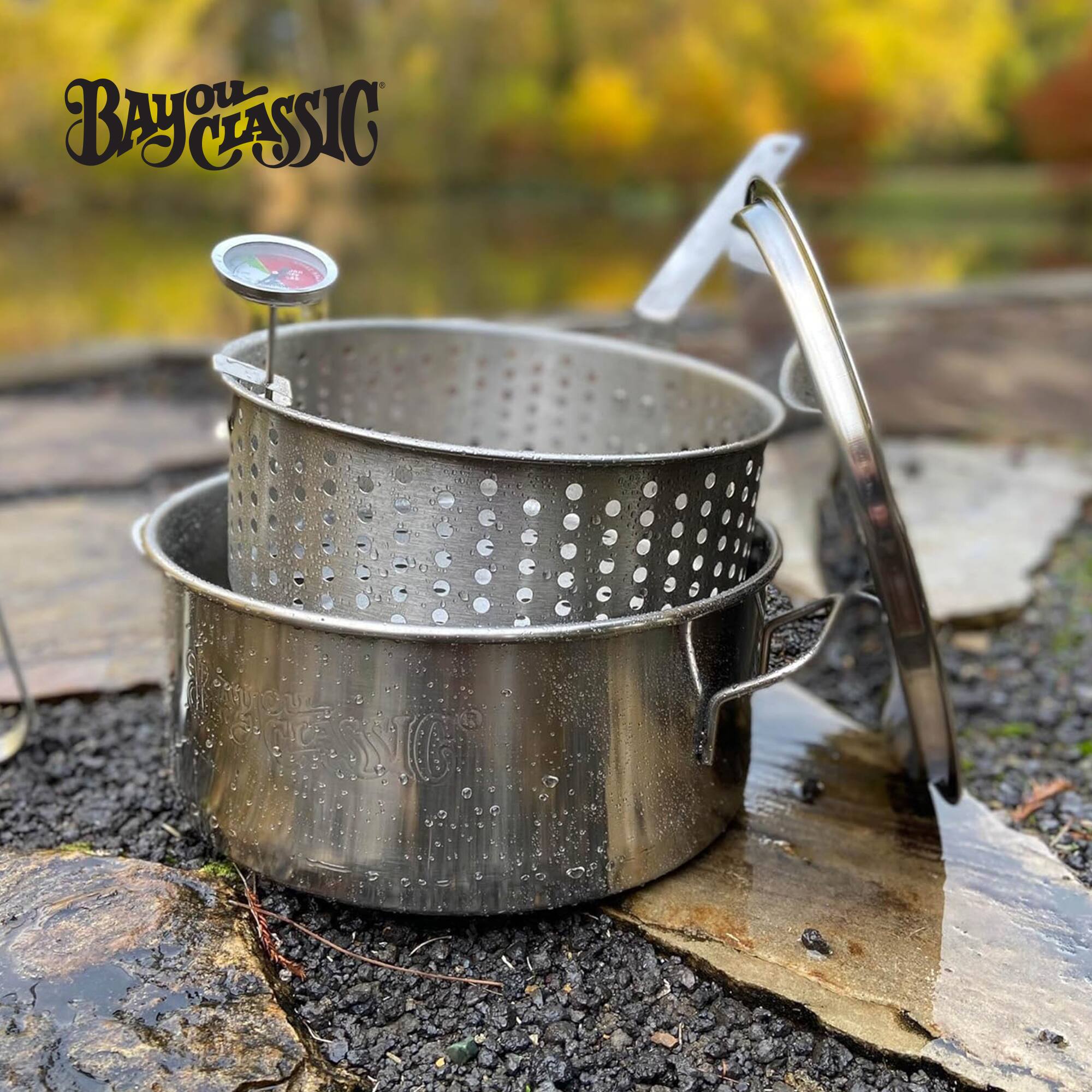 Alt View 4. Bayou Classic - Bayou Classic 10 Quart Stainless Steel Fry Pot w/Perforated Basket & Thermometer - Silver.