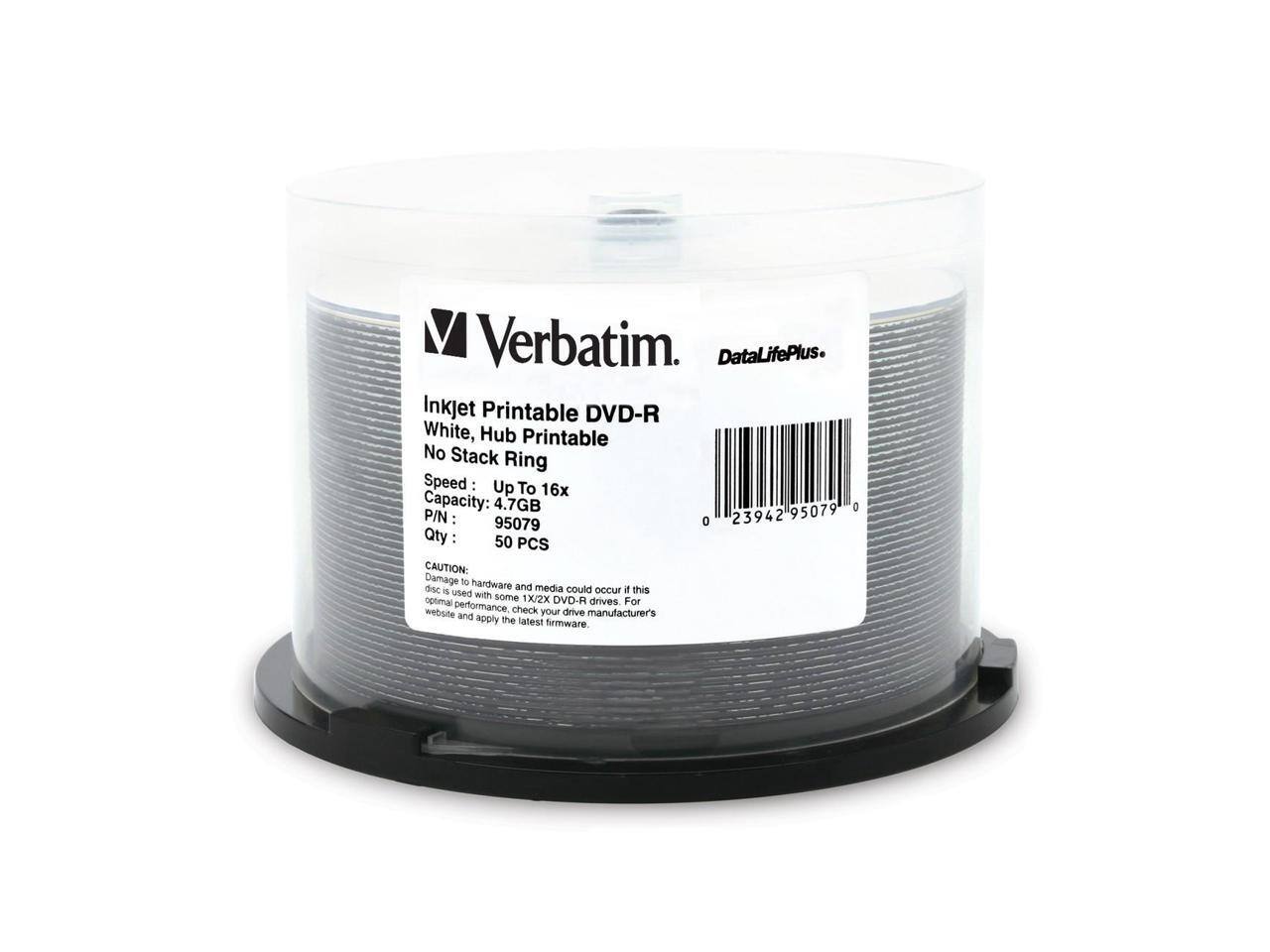Verbatim. DataLifePlus. Inkjet Printable DVD-R White, Hub Printable No Stack Ring Speed Up To 16x Capacity: 4.7GB 95079  P/N: - 95079 0 23942 Qty: 50 PCS CAUTION: Damage to hardware and disc media could occur if this disc is used with some 1X/2X DVD-R drives. For website performance, check your drive manufacturer's website and apply the latest firmware.