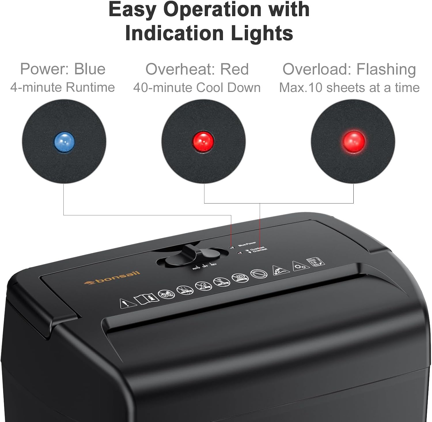 Easy Operation with Indication Lights

Power: Blue  
Overheat: Red  
Overload: Flashing  

4-minute Runtime  
40-minute Cool Down  
Max. 10 sheets at a time