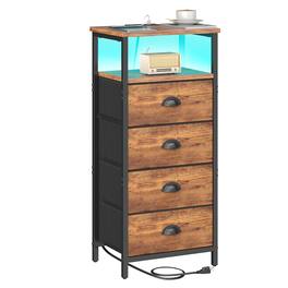 Empire DigiLabs - Nightstand With Charging Station Led 3 Fabric Drawers Pu Finish Bedside End Tables 2-tier Open Storage Shel - Rustic Brown