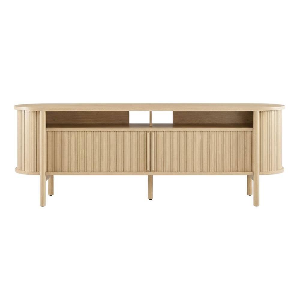 Back. FurniFact - Wooden TV stand with brown finish and curved design for living room decor - Brown.