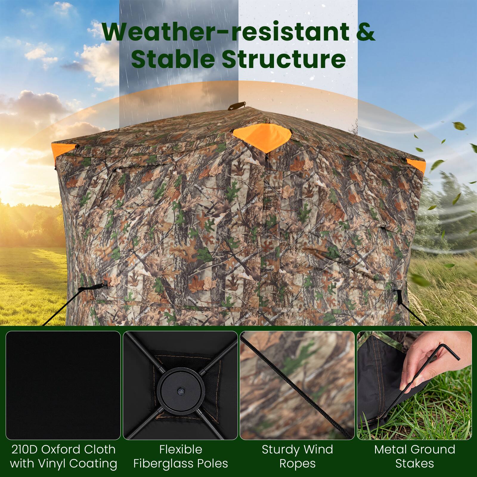 Weather-resistant & Stable Structure

- 210D Oxford Cloth with Vinyl Coating
- Flexible Fiberglass Poles
- Sturdy Wind Ropes
- Metal Ground Stakes
