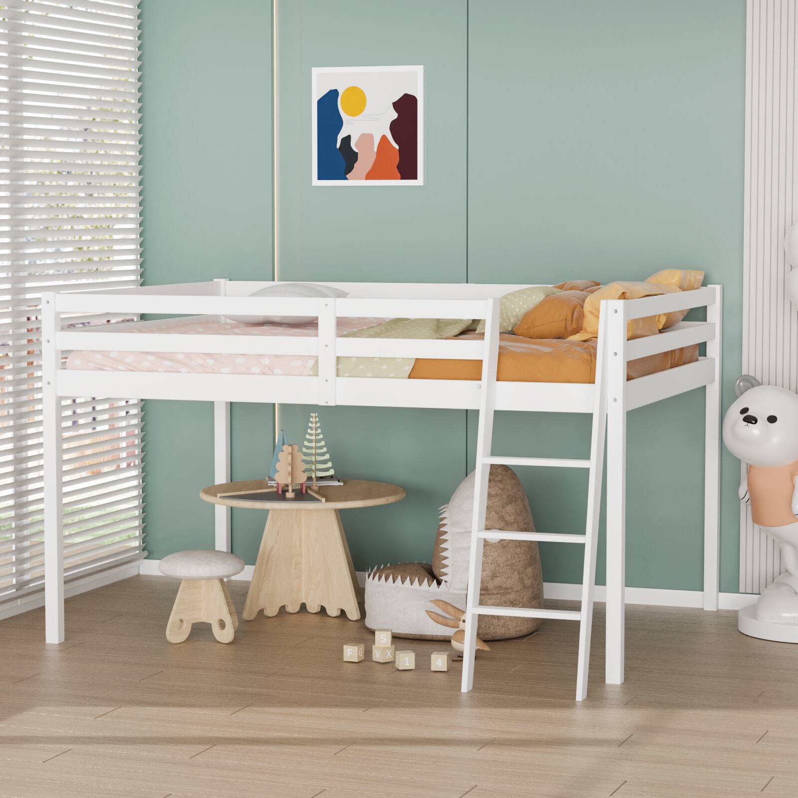 Alt View 7. Winado - 47'' Junior Low Loft Bed with Stairs, Wood Loft Bed Full Size for Adults, Kids and Young Teens, No Box Spring Required - White.
