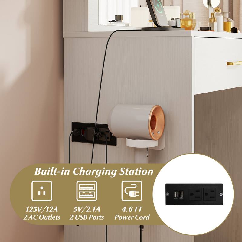 Built-in Charging Station

125V/12A  
5V/2.1A  
4.6 FT  
2 AC Outlets  
2 USB Ports  
Power Cord