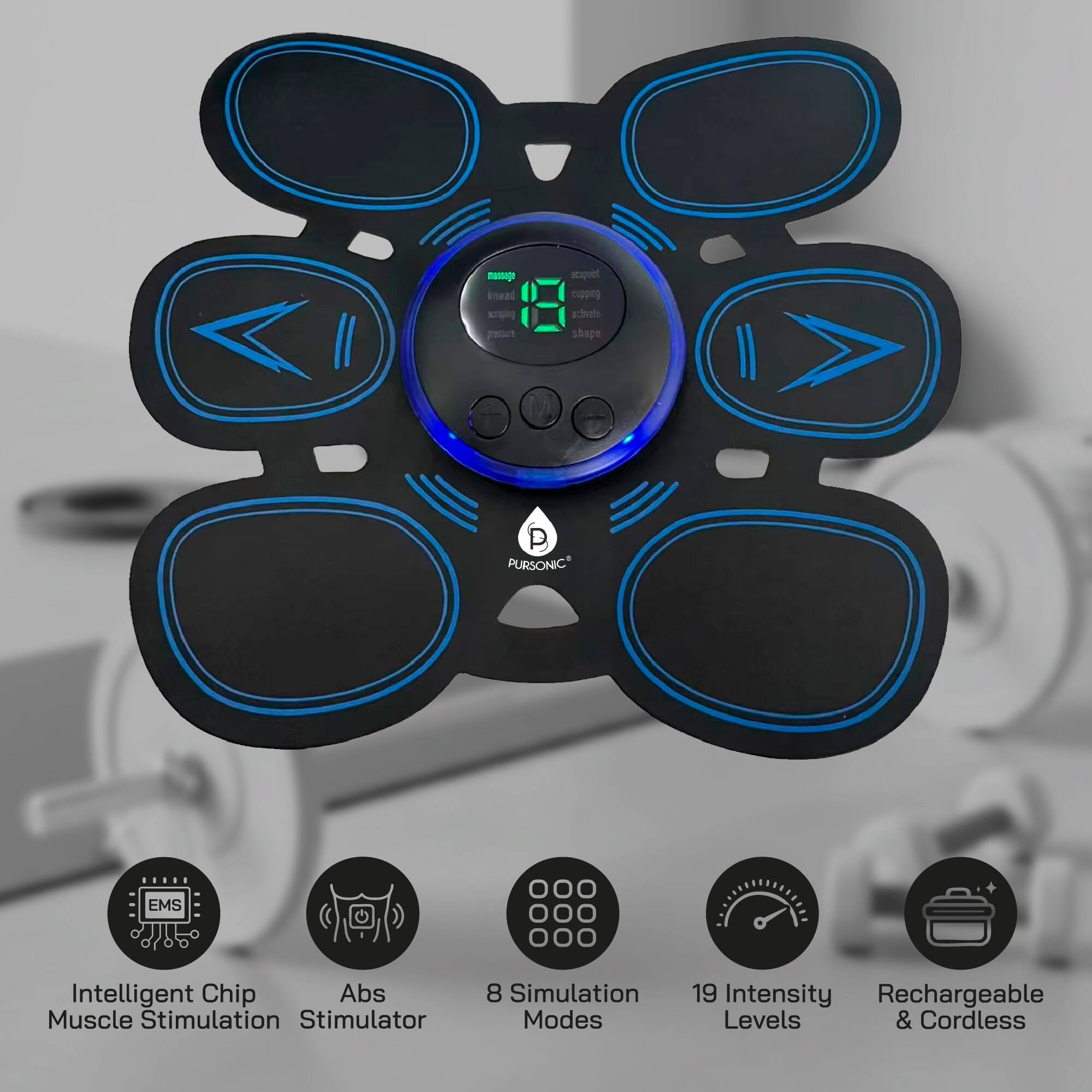 Mamoge Knead XNN Peact Acigoel Cupping Actvats Shage M P Pursonic EMS Intelligent Chip Abs Muscle Stimulation Stimulator 8 Simulation Modes 19 Intensity Rechargeable Levels & Cordless